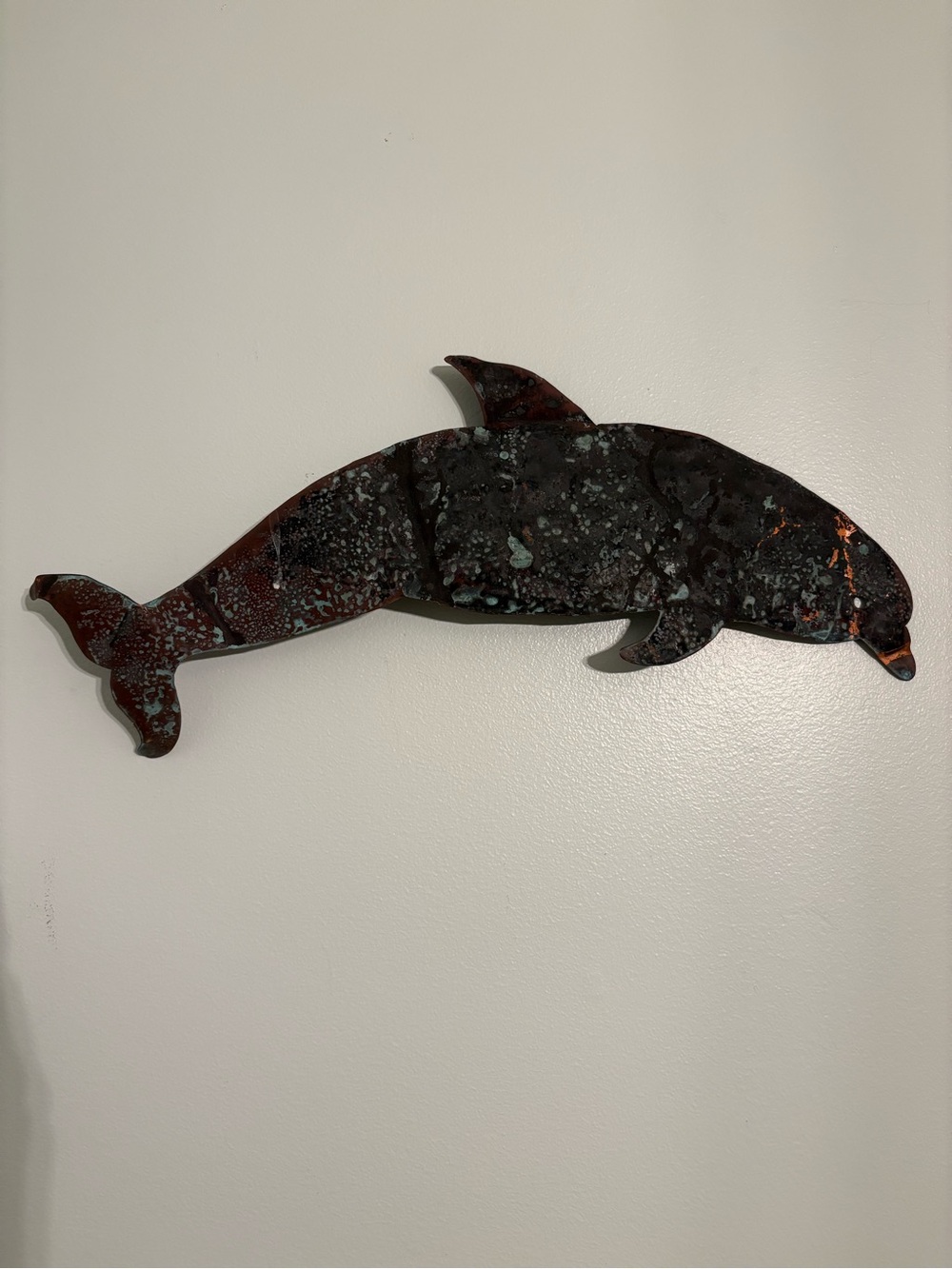 Vintage Handmade Enamel Copper Dolphin Metal Wall Art Sculpture 17x7” Whimsical